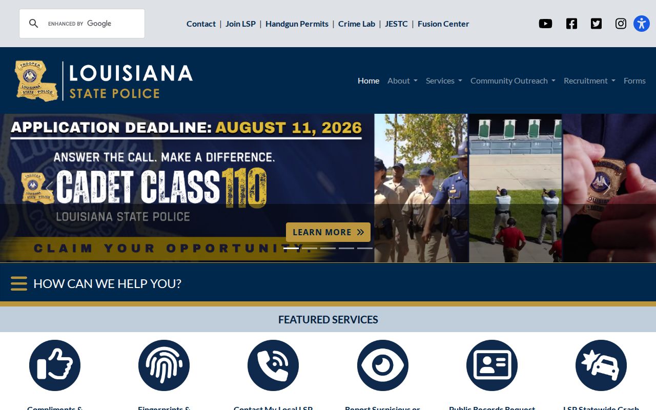 Louisiana State Police crash report access page