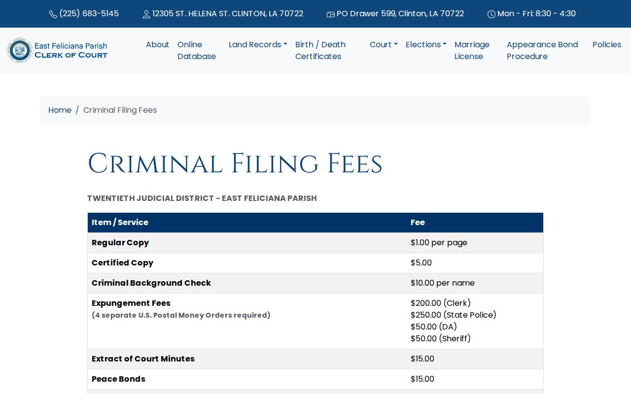 East Feliciana criminal filing and record fee schedule