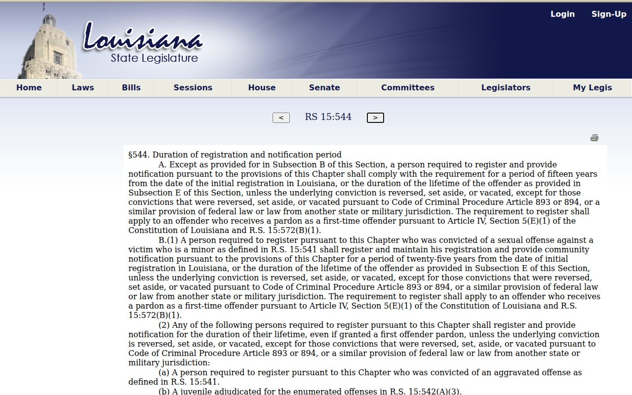 East Feliciana Parish sex offender registry duration law